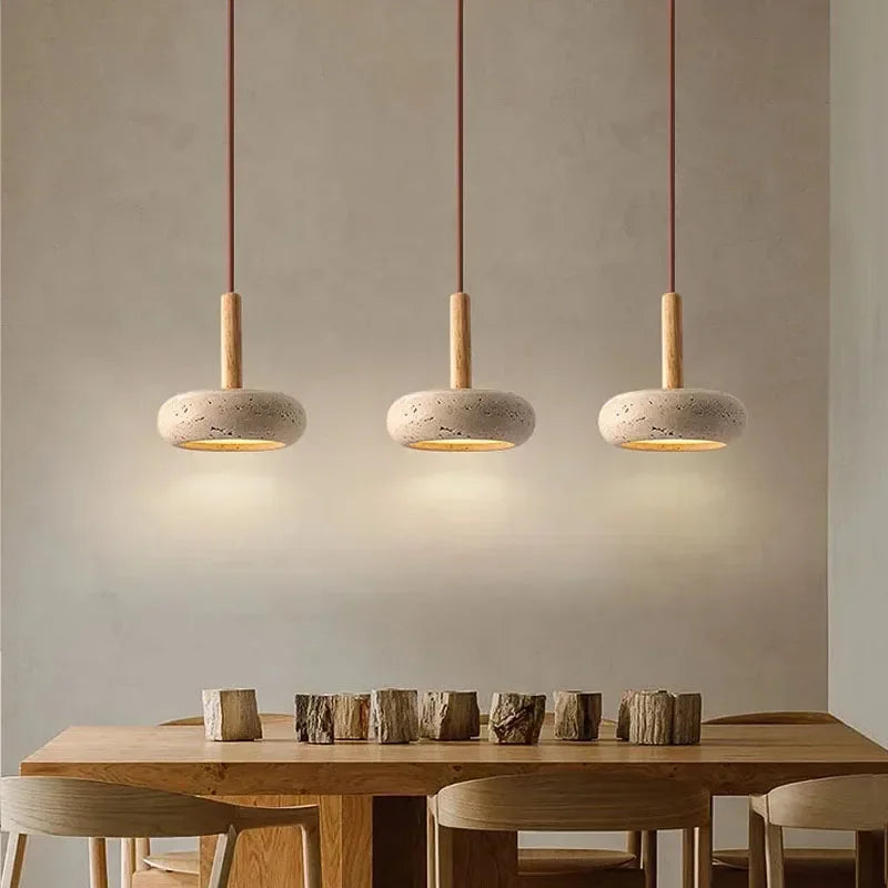 Travertine Disc Pendant Light, Flat Stone Ceiling Lamp for Dining Table, Kitchen Island and Hallway, 12 W, Warm White