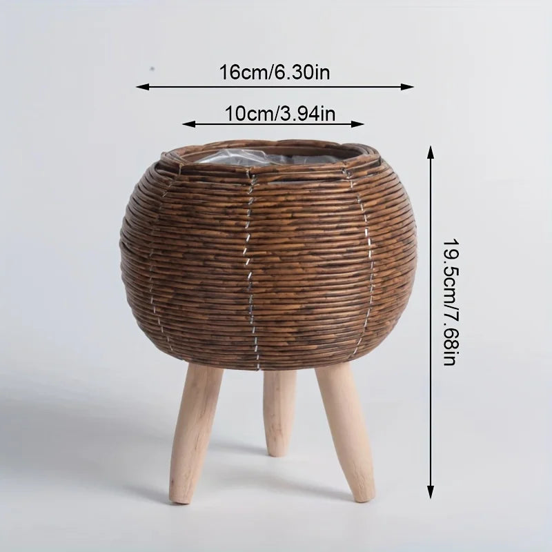 Woven Rattan-Look Planter with Wooden Legs, Plant Basket for Indoor Plants and Storage, Cylinder or Round