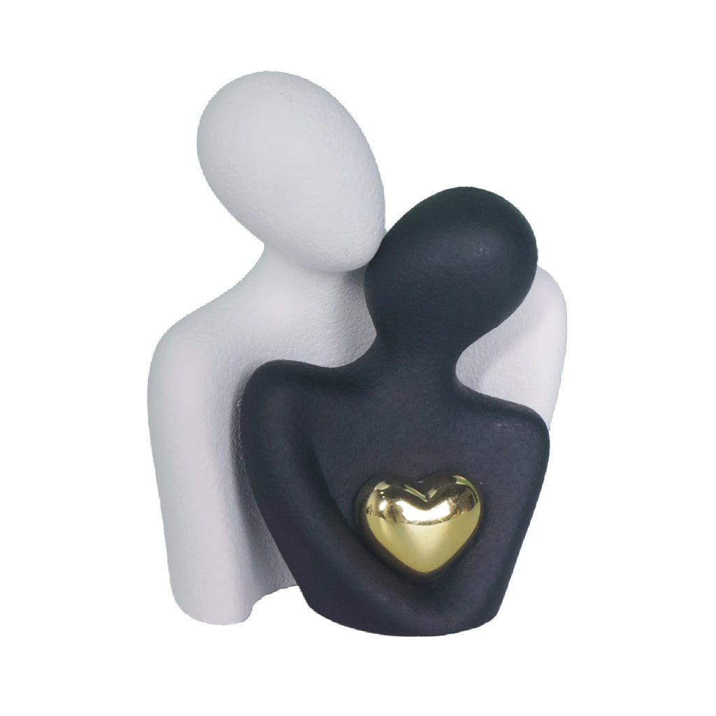 Hugging Couple Figurine, Abstract Ceramic-Look Sculpture for Shelf and Bedroom, White and Black, Black and White or Black
