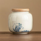 Wave Relief Ceramic Jar with Wood-Tone Lid, Canister for Tea, Coffee and Snacks