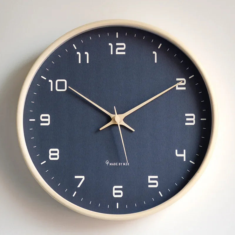 Nordic Wooden Frame Wall Clock, Silent Minimalist Clock for Living Room, Kitchen and Office, White or Navy Dial