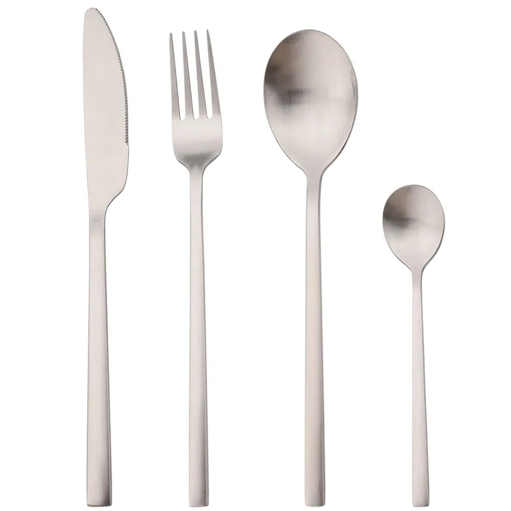 Matte Stainless Steel Cutlery Set of 4, Knife, Fork, Spoon and Teaspoon, Gold, Silver, Black or Rose Gold