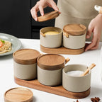Modern Ceramic Seasoning Jar Set with Wood-Tone Lids, Countertop Salt and Sugar Containers, Single Jar or Set of 2 or 3 with Tray