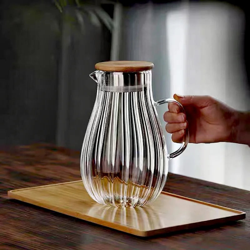 Ribbed Glass Water Pitcher, Heat-Resistant Borosilicate Carafe for Water, Lemonade and Iced Tea