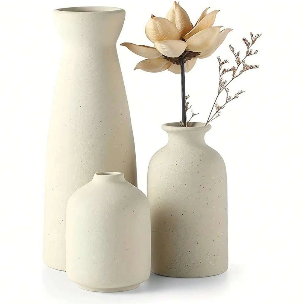 Boho Ceramic Vase Set of 3, Farmhouse Vases for Shelf, Mantel and Dining Table, Beige or White