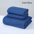 Waffle Cotton Towel Set of 3, 1 Bath Towel and 2 Hand Towels, Absorbent Quick-Dry Bathroom Towels, Cream, Taupe, Mint or Dark Blue