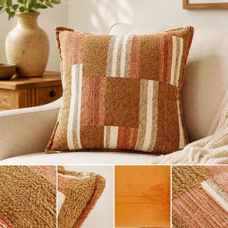 Chenille Jacquard Pillow Cover with Tassels, Boho Geometric Throw Pillow Case for Sofa and Bed, Square or Lumbar