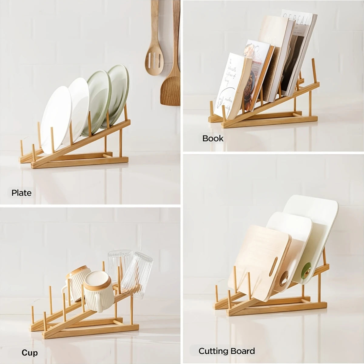 Bamboo Dish Drying Rack, Plate Rack for Plates, Lids, Cutting Boards and Books, Single or Set of 2