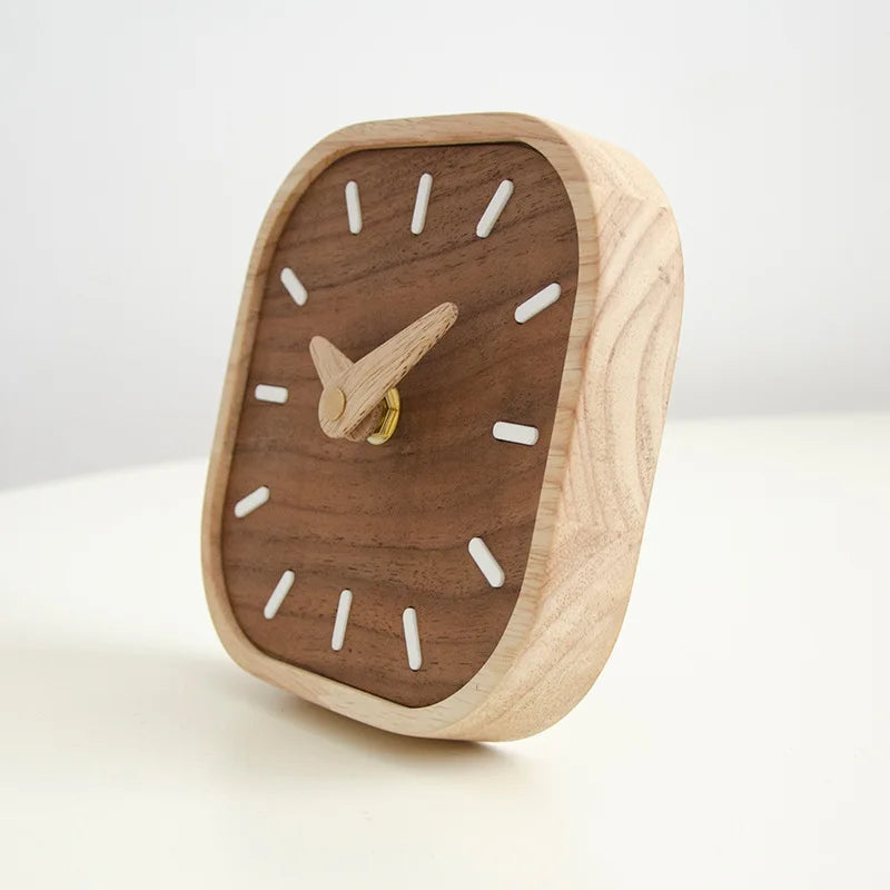 Solid Wood Table Clock with Walnut-Tone Face, Silent Desk Clock for Bedside and Shelf