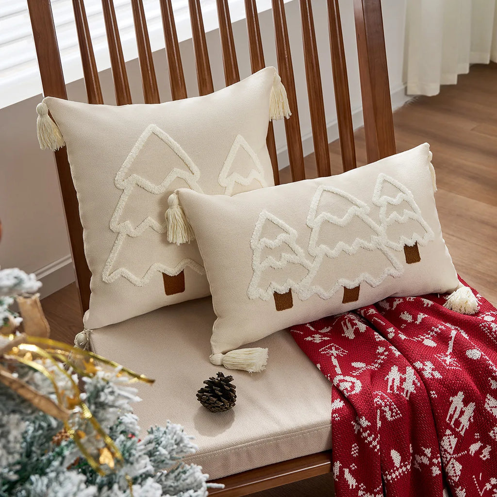 Tufted Christmas Tree Pillow Cover with Tassels, Holiday Throw Pillow Case for Sofa and Bed, Cream, Green or Red, Square or Lumbar