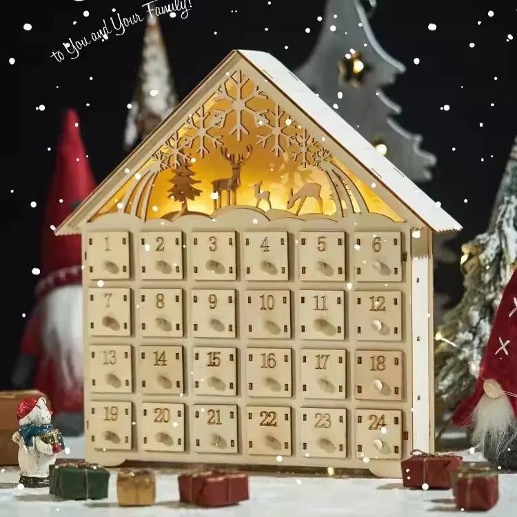 Wooden Advent Calendar House with 24 Drawers, Refillable Christmas Countdown for Mantel, Shelf and Kids’ Rooms, Red or Natural White