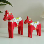 Hand-Painted Wooden Dala Horses Set of 2, Red Swedish Horse Figurines for Shelf, Mantel and Christmas Table