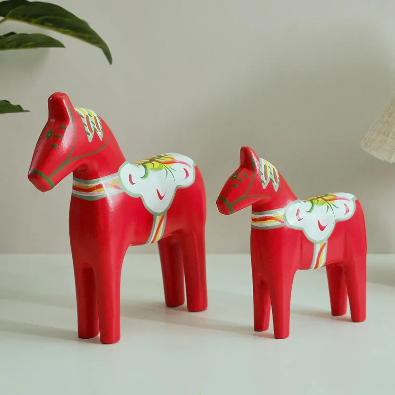 Hand-Painted Wooden Dala Horses Set of 2, Red Swedish Horse Figurines for Shelf, Mantel and Christmas Table