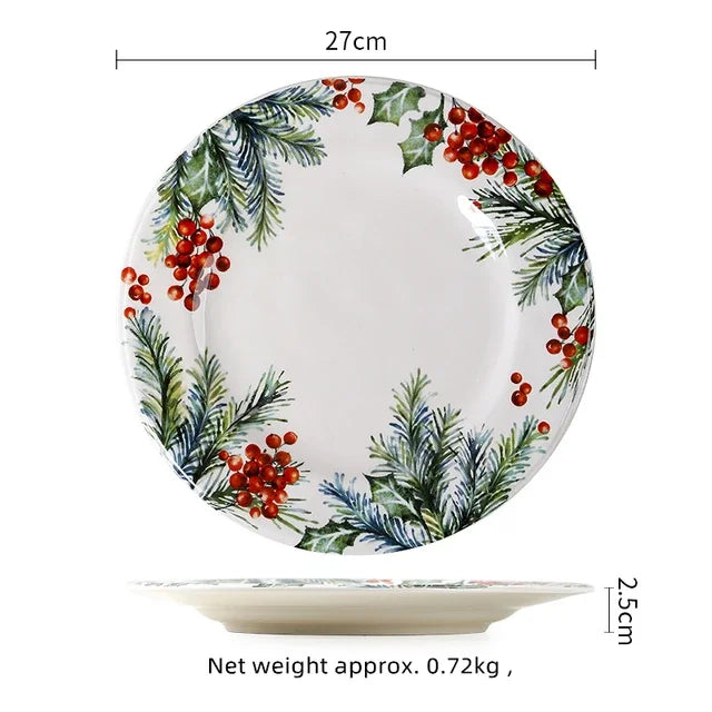 Christmas Ceramic Dinner Plates, Underglaze Holiday Plates for Christmas Dinner and Desserts, Four Designs