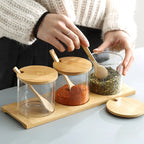 Glass Condiment Jars with Bamboo Lids, Spoons and Tray, Set of 3 Spice Jars for Salt, Sugar and Herbs, Round or Square Tray