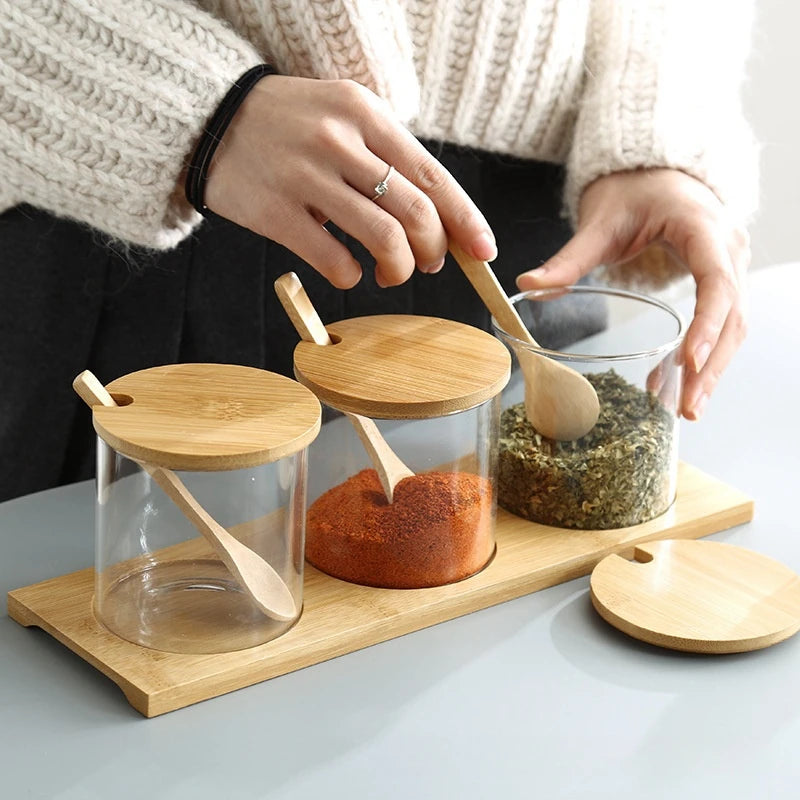 Glass Condiment Jars with Bamboo Lids, Spoons and Tray, Set of 3 Spice Jars for Salt, Sugar and Herbs, Round or Square Tray
