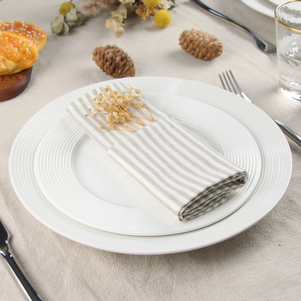 Striped Linen Cotton Napkins Set of 12, Cloth Dinner Napkins and Tea Towels for Kitchens, Cafés and Bulk Wholesale Orders, Grey or Beige