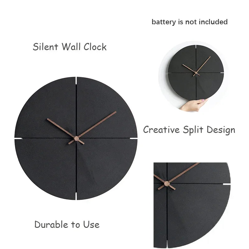Black Wooden Wall Clock, Silent Minimalist Clock for Living Room, Kitchen and Bedroom