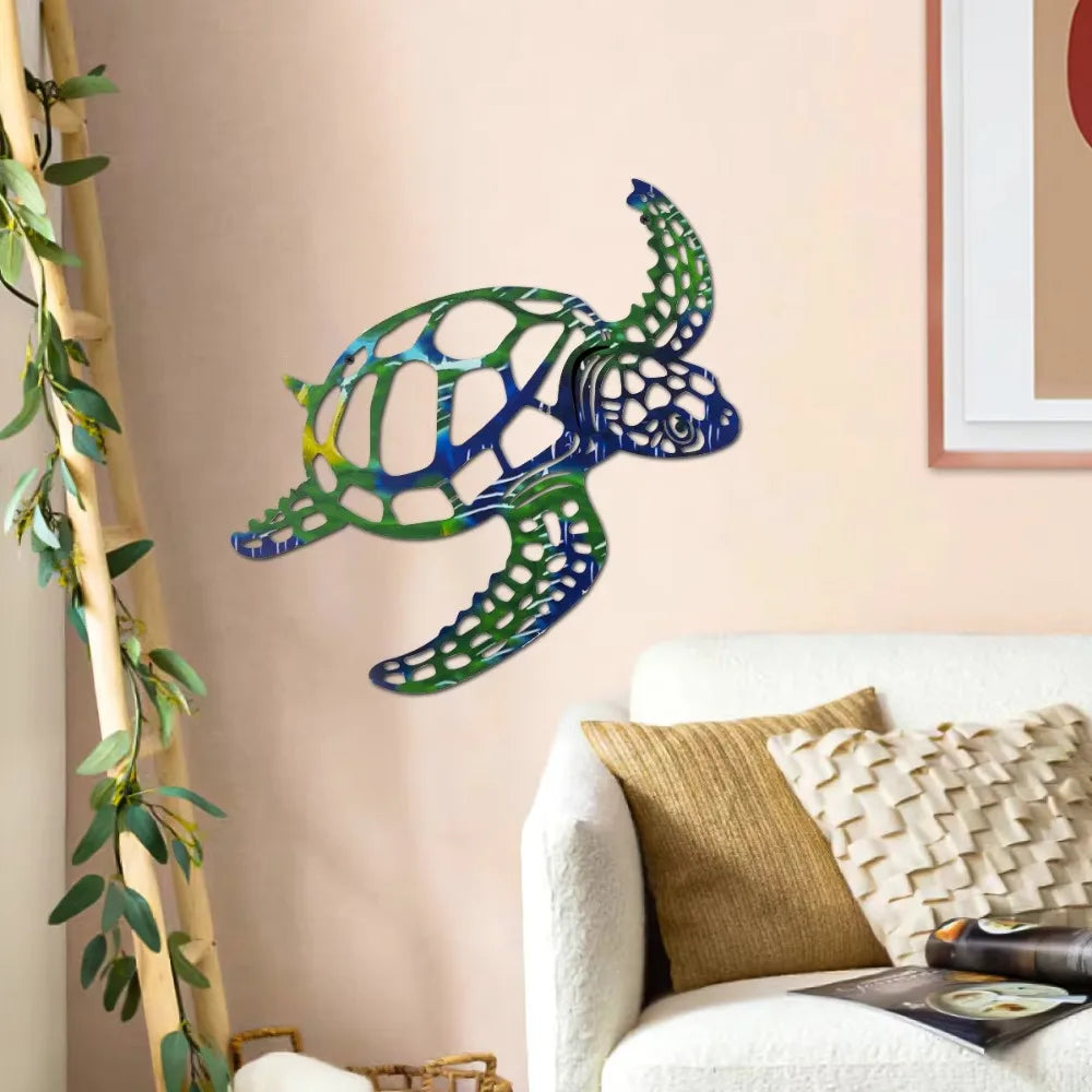 Sea Turtle Metal Wall Art, Coastal Iron Hanging Decor for Living Room, Bathroom and Beach House, Blue or Black