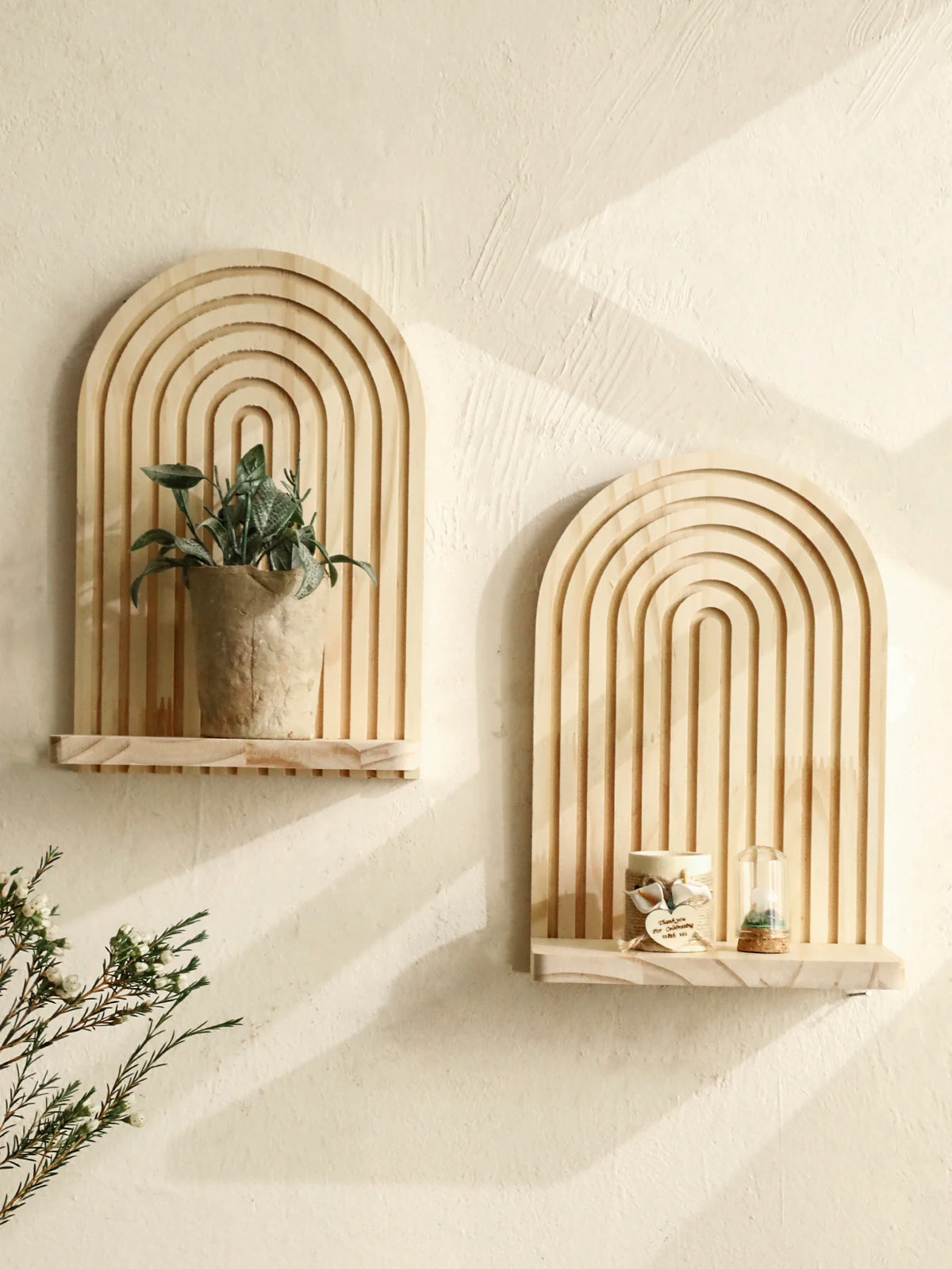 Boho Wooden Wall Shelf, Geometric Arch Floating Shelf for Plants, Books and Decor, Single or Set of 2