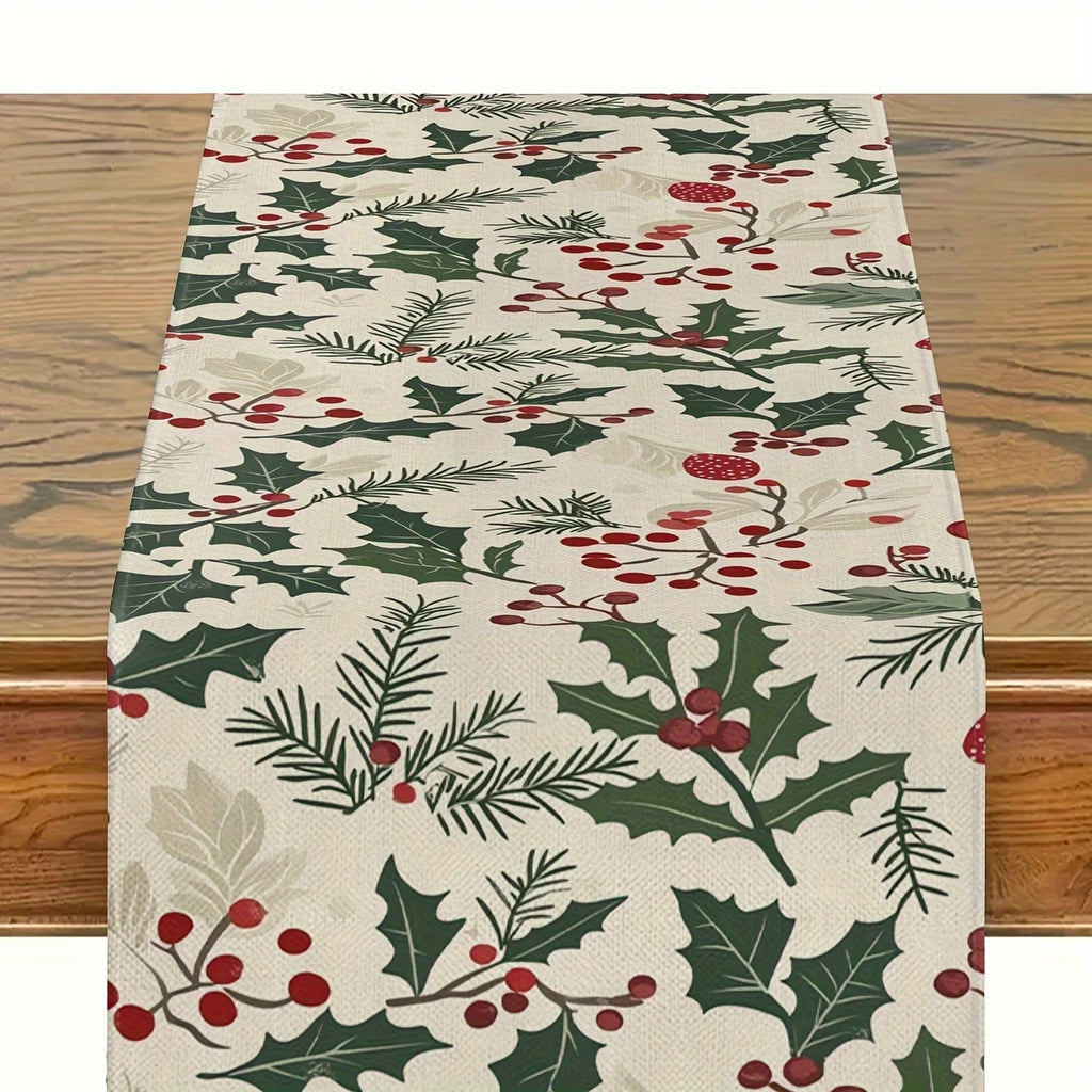 Christmas table runner with holly and berries