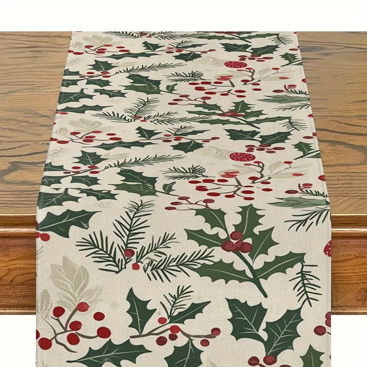Christmas table runner with holly and berries