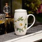 Large Bone China Mug with Lid, 700 ml Floral Tea and Coffee Mug, Peony, Magnolia, Camellia or Grey Leaf