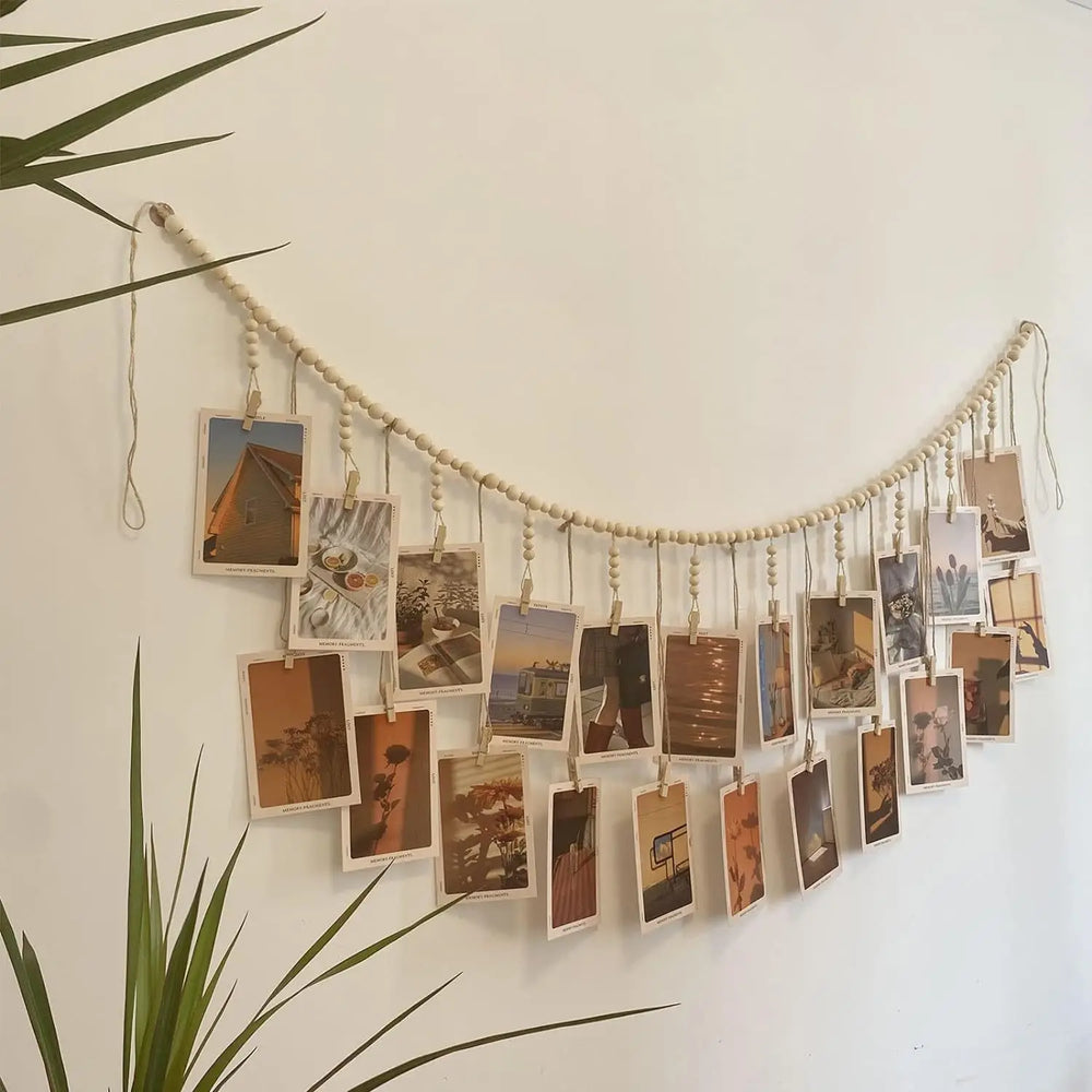 Wooden Bead Photo Garland, Boho Hanging Picture Display with Clips for Bedroom, Dorm and Living Room, 22 or 34 Clips