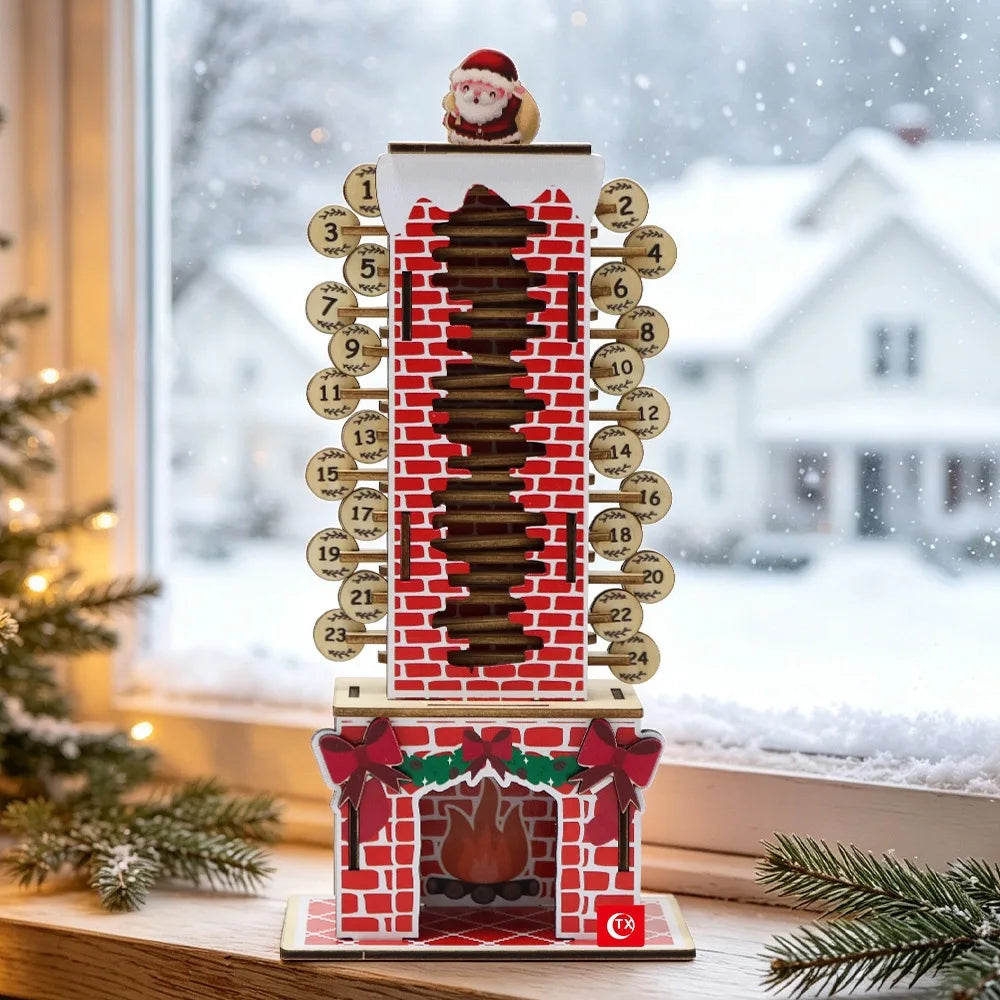 Wooden advent calendar with Santa chimney