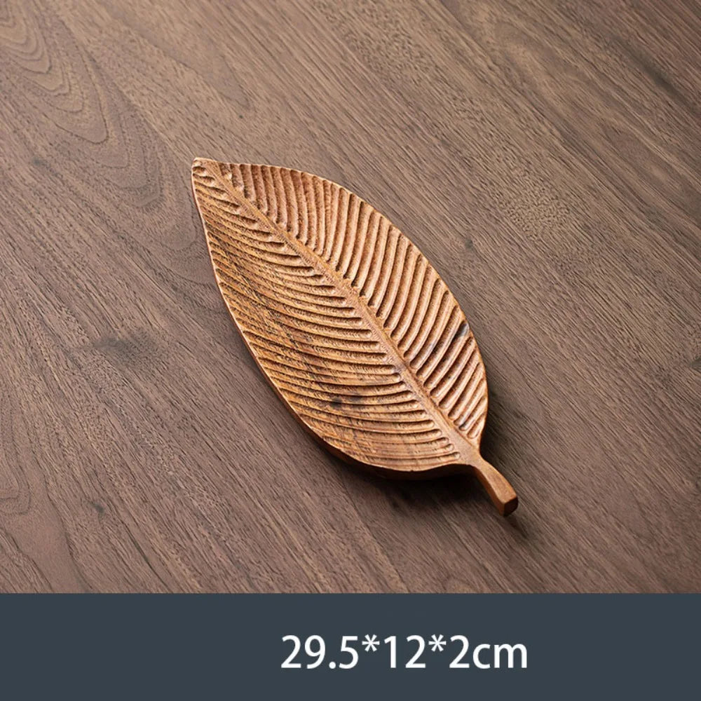 Walnut-Tone Wooden Serving Tray, Leaf, Oval, Square or Rectangle Platter for Tea, Snacks and Desserts