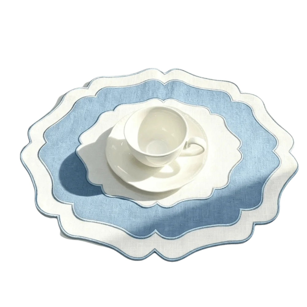 Scalloped Embroidered Placemat, Oval Place Mat for Dining Table, Blue or Green