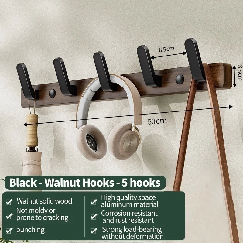 Wall-Mounted Coat Rack with 5 Hooks, Hook Rail for Entryway, Bathroom and Bedroom, Beech with White Hooks or Walnut with Black Hooks