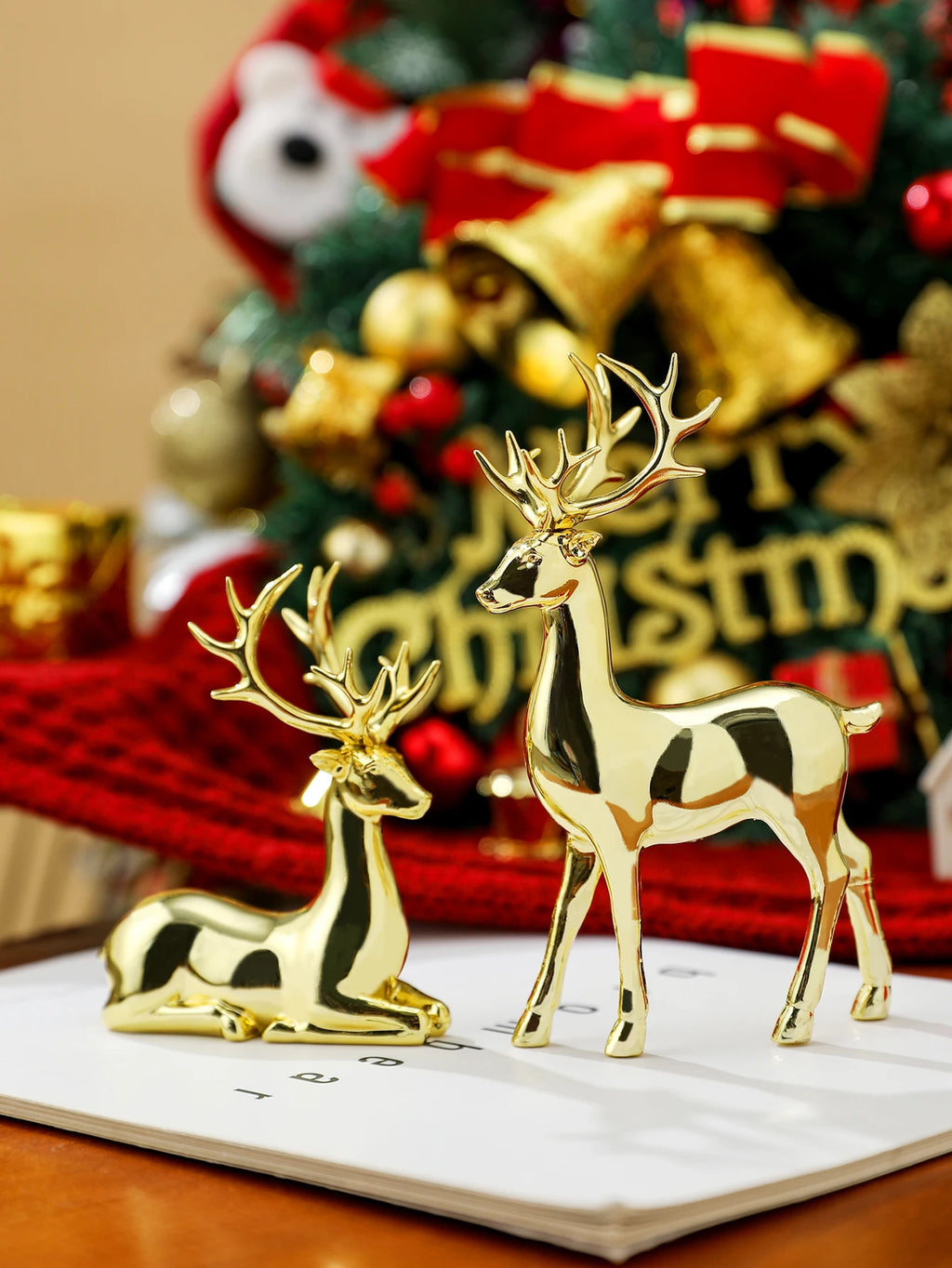 Reindeer Figurines Set of 2, Christmas Table Decoration for Mantel, Shelf and Holiday Table, Silver, Gold or Black