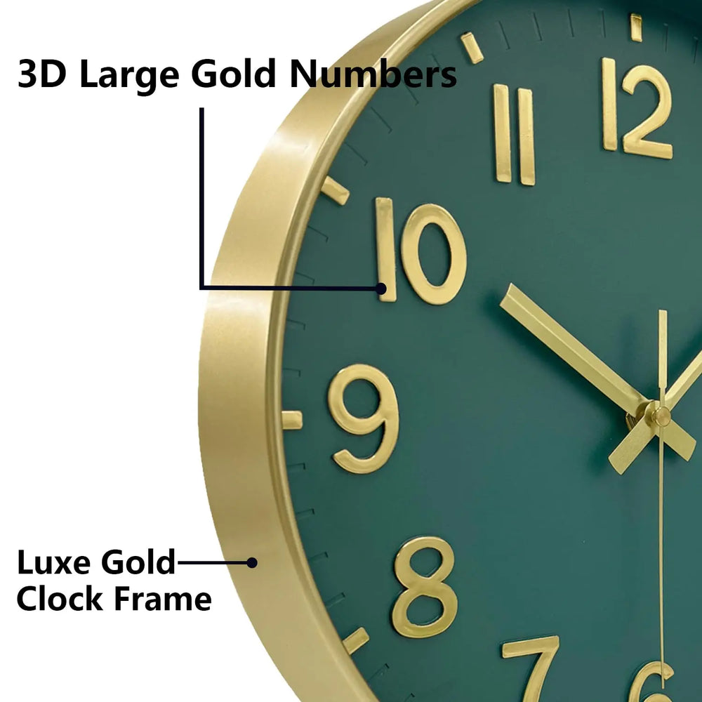 Retro Wall Clock with Raised Numbers, Silent Quartz Clock for Living Room and Kitchen, 25 cm, Emerald Green, Olive Green, Black or White and Gold