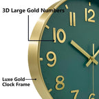 Retro Wall Clock with Raised Numbers, Silent Quartz Clock for Living Room and Kitchen, 25 cm, Emerald Green, Olive Green, Black or White and Gold