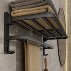 Black Wall-Mounted Towel Rack with Shelf, 50 cm Foldable Towel Holder with Hooks