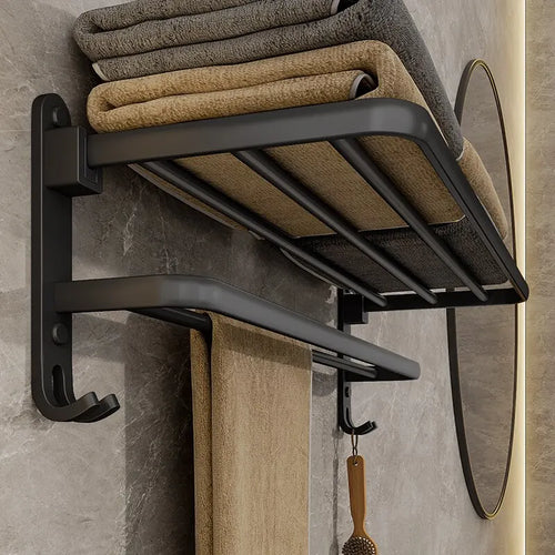 Black Wall-Mounted Towel Rack with Shelf, 50 cm Foldable Towel Holder with Hooks