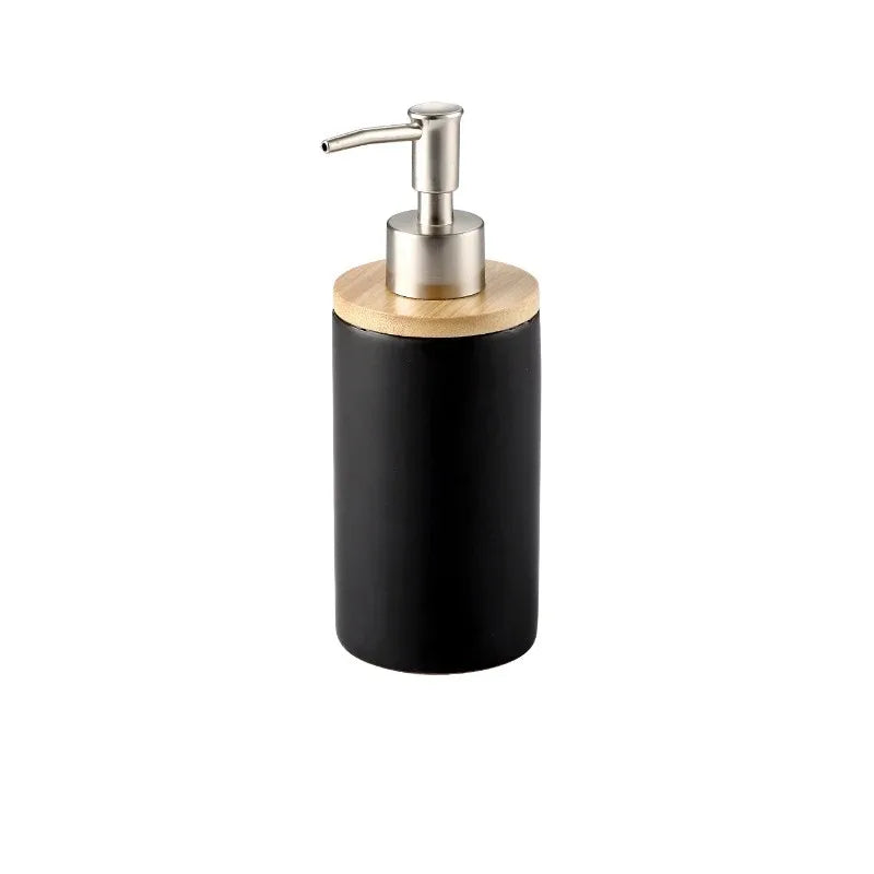 Ceramic Bathroom Accessories Set, Soap Dispenser and Tumbler on a Wooden Tray for Bathroom Counter, White, Grey or Black