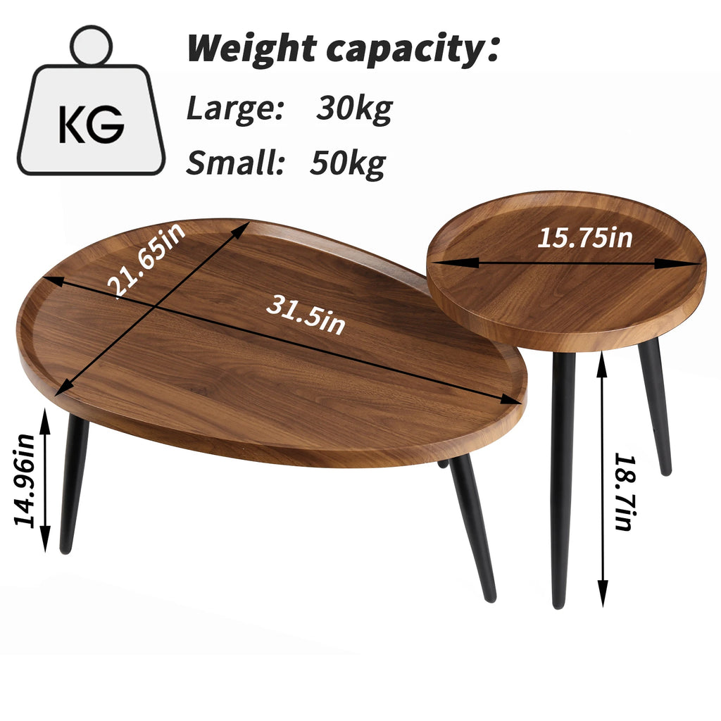 Nesting Coffee Table Set of 2, Oval and Round Walnut-Finish Tables with Black Metal Legs for Living Room