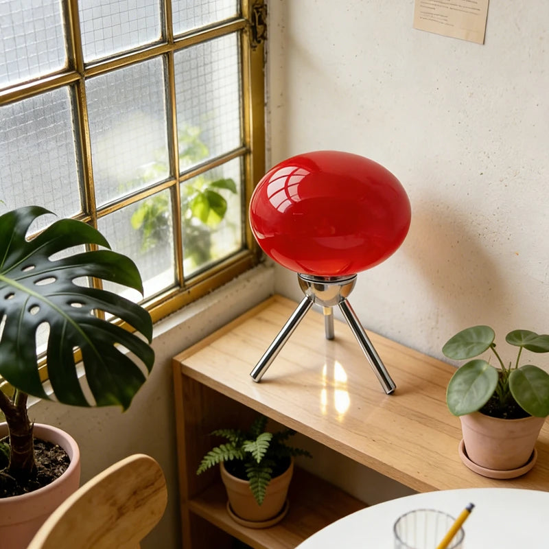 Glass Mushroom Table Lamp, Mid-Century Bauhaus Bedside Lamp for Bedroom and Living Room, Red