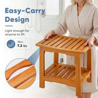 Wooden Shower Stool with Shelf and Side Handles, 18-Inch Bath Bench for Shower and Bathroom
