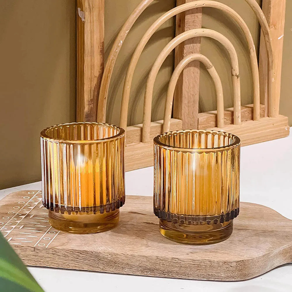 Ribbed Amber Glass Tealight Holders, Vintage Votive Candle Holders for Table and Shelf, Set of 2, 4 or 6