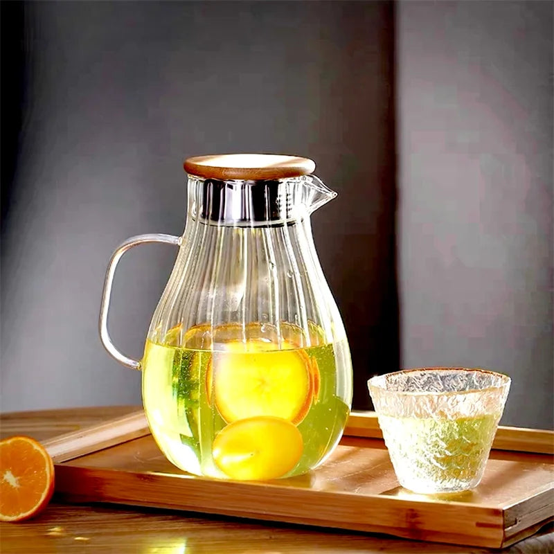 Ribbed Glass Water Pitcher, Heat-Resistant Borosilicate Carafe for Water, Lemonade and Iced Tea