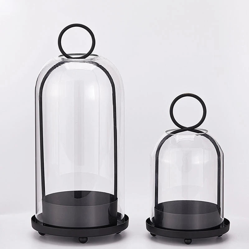 Metal Candle Holder with Glass Dome, Pillar Candle Hurricane for Table and Mantel, Gold or Black, Small or Large