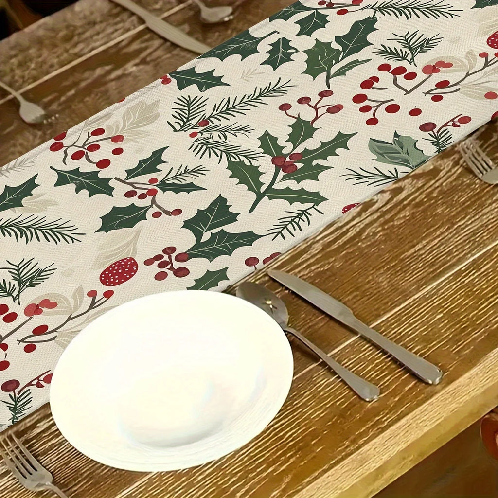 Christmas table runner with holly and berries
