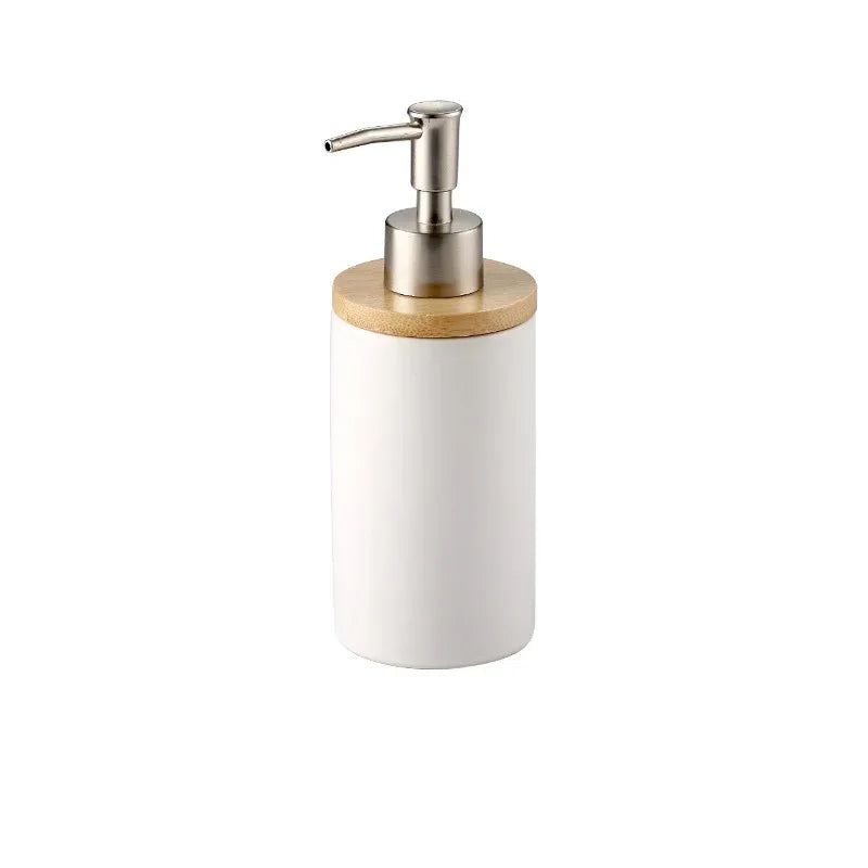 Ceramic Bathroom Accessories Set, Soap Dispenser and Tumbler on a Wooden Tray for Bathroom Counter, White, Grey or Black