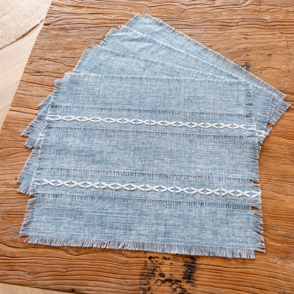 Cotton Linen Placemats Set of 4, Rustic Hemstitch Place Mats for Dining Table, 33 x 45 cm, Dusty Blue or Pink