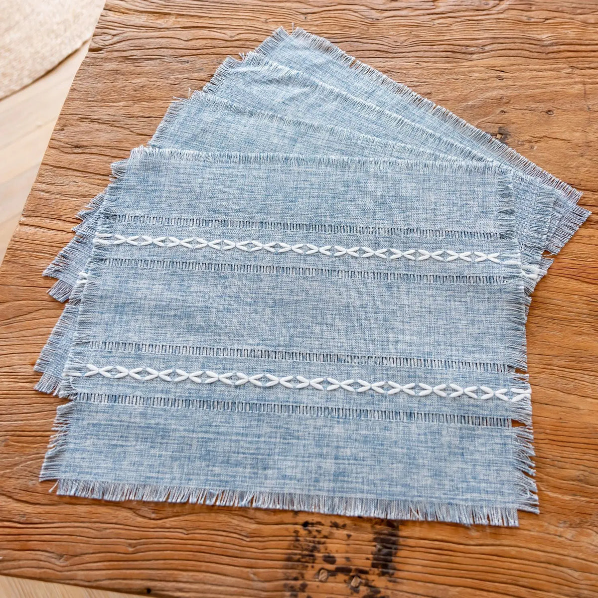 Cotton Linen Placemats Set of 4, Rustic Hemstitch Place Mats for Dining Table, 33 x 45 cm, Dusty Blue or Pink
