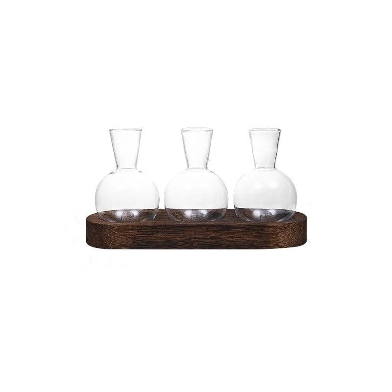 Glass Propagation Station with Wood-Tone Tray, Hydroponic Vase for Cuttings and Plants, 3 or 5 Vases