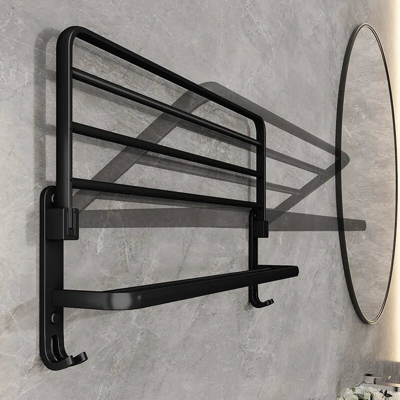 Black Wall-Mounted Towel Rack with Shelf, 50 cm Foldable Towel Holder with Hooks